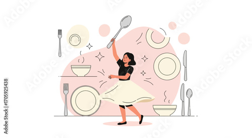Joyful Culinary Dance: A Whimsical Illustration of Food Preparation And Celebration