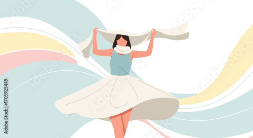 Joyful Dancing Woman in a Beautiful White Dress Holding a Scarf Beneath a Pastel Backdrop