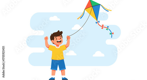 Happy Young Boy Flying A Colorful Kite Under A Scenic Blue Sky With Clouds
