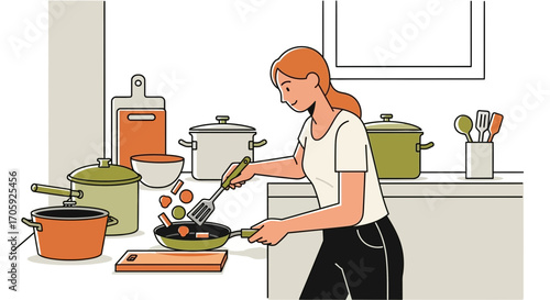 Happy Woman Stirring Dish In Kitchen, Cooking Dinner, Contemporary Illustration