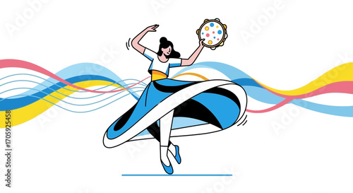 Joyful Dancer Performing With Tambourine Against Abstract Colorful Dynamic Waves