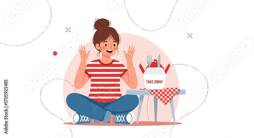 Happy Woman with Hands Raised, Celebrating Take Away Food and Relaxing at Home