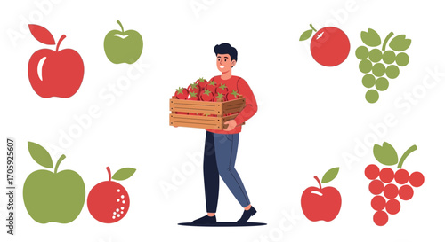 Harvest Time: Farmer Loads Apple and Grape Fruit in a Wooden Crate with Illustrations