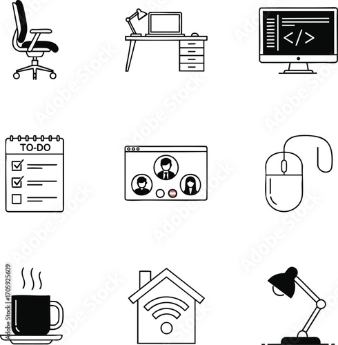 Set of line art icons representing office and remote work elements