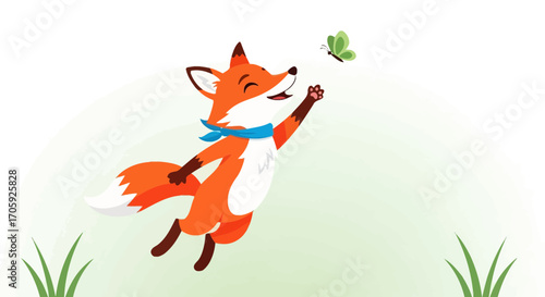 Joyful Fox Attempts To Catch A Butterfly In A Delightful Cartoon Illustration