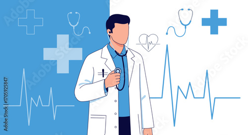 Healthcare Professional Holding Stethoscope, Examining Heartbeat Waveform Illustration