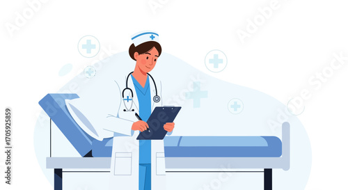 Healthcare Professional Performing Duties Near a Bed in a Modern Clinic Environment