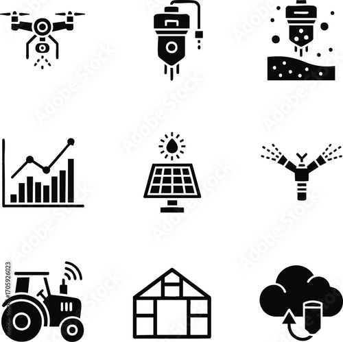 Set of vector icons representing agriculture and technology. Modern farming techniques with solar panels, drones, and data analysis