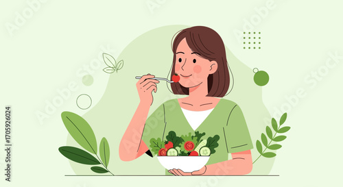 Healthy Eating Enjoyment: A Woman Savoring a Vibrant Salad, Promoting Wellness