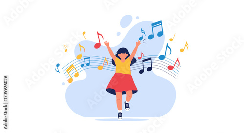 Joyful Girl Dancing Amidst Musical Notes, Capturing The Rhythm Of Happiness