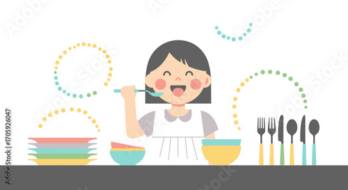 Joyful Girl Enjoying Food With Kitchenware And Colorful Graphic Elements