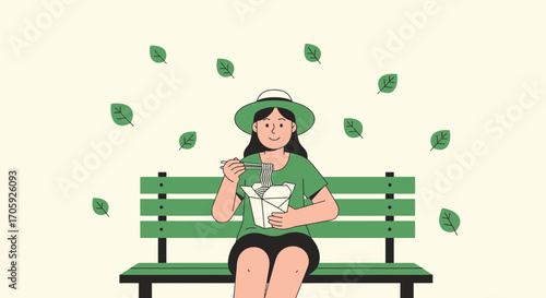 Joyful Girl Enjoys Noodles Outdoors While Relaxing on a Park Bench in Summertime