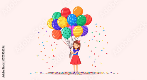 Joyful Girl Holding Colorful Festive Balloons Amidst Floating Confetti Celebration