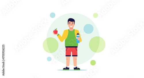 Healthy Lifestyle Illustration: Man Offering Apple and Holding Water Bottle for Wellness