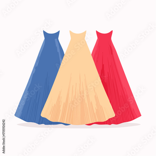 Three Elegant Long Gowns Fashion Illustration on White Background