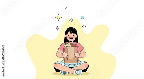 Joyful Girl Smiling While Holding Lunch Bag Full Of Delicious Food In Her Hands