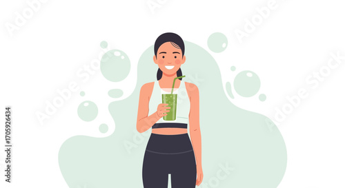 Healthy Woman Enjoying Green Smoothie Drinks After Intense Workout Session or Training