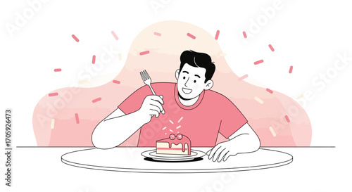 Joyful Individual Anticipating Delicious Treat Celebration, Having a Slice of Cake with a Fork