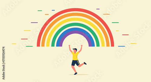 Joyful Illustration Of A Person Celebrating Under A Vibrant Rainbow Icon