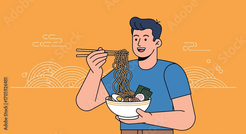 Joyful Individual Enjoying Delicious Noodles, Illustrating Culinary Happiness, Eating Asian Cuisine