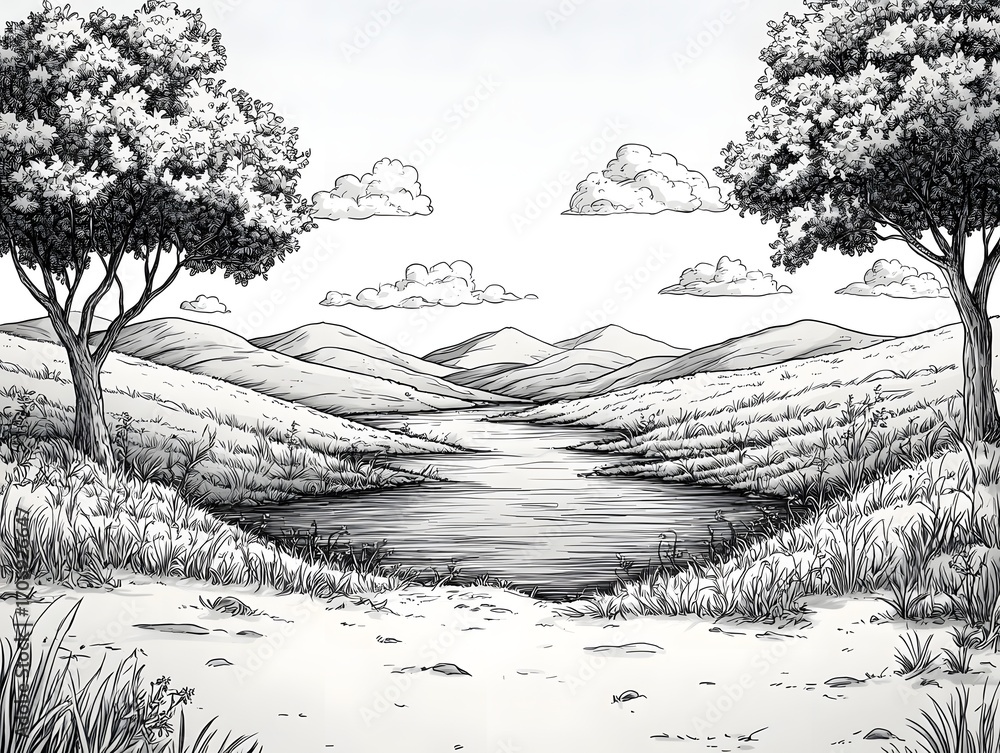 Fototapeta premium A serene landscape sketch depicts a tranquil river winding through rolling hills and valleys framed by trees under a cloudy sky
