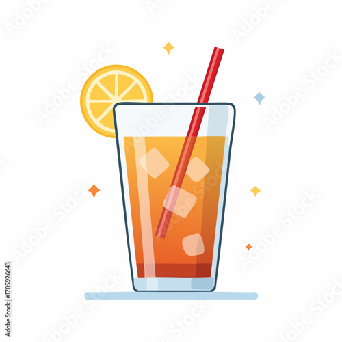 Iced Tea in Glass with Lemon Slice and Red Straw