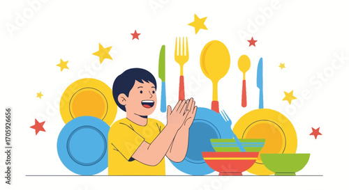 Joyful Kid Celebrating Dishes and Dinnerware Against a Starry Sparkling Background