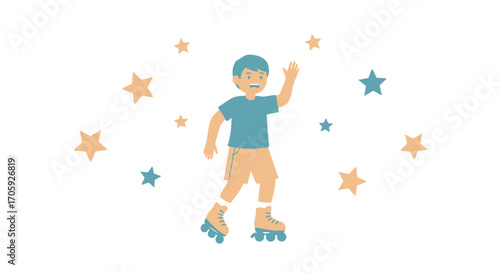 Joyful Kid Roller Skating, Waving Hand Near Stars, Enjoying Free Time Illustration