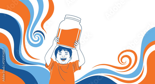 Joyful Kid Holding Giant Jar With Fluid Amidst Wavy Swirls, Illustrated Artwork