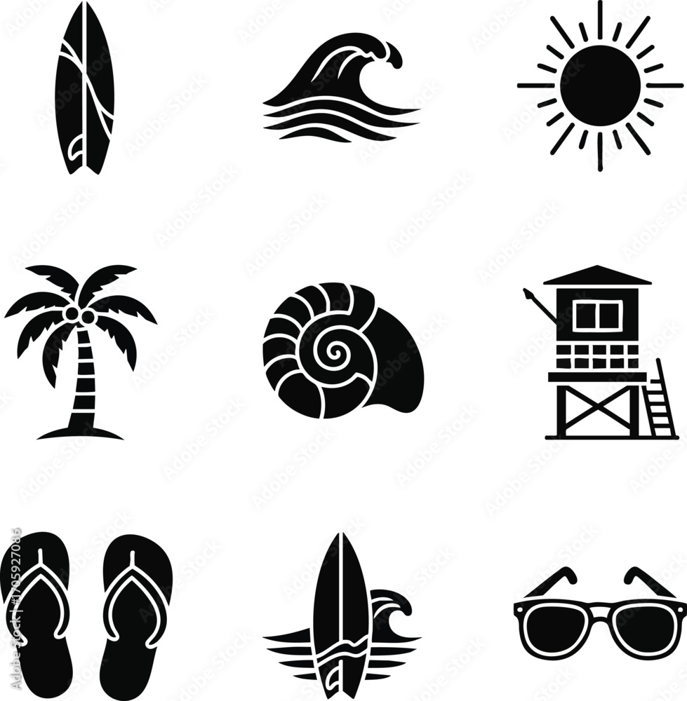 Fototapeta premium Summer beach icons: surfboard, wave, sun, palm tree, seashell, lifeguard tower, flip-flops, and sunglasses