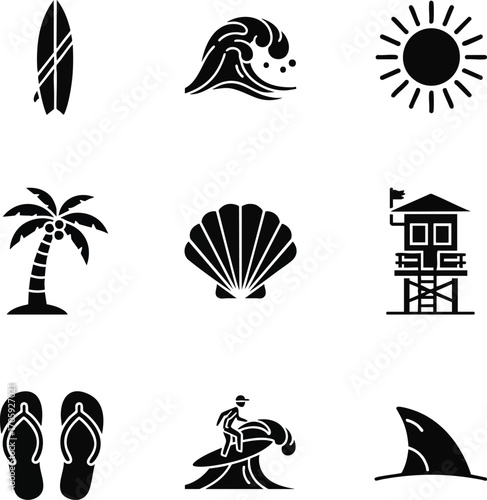 Summer and beach vector icons. Features surfboard, wave, sun, palm tree, shell, lifeguard tower, flip-flops, surfer, and shark fin