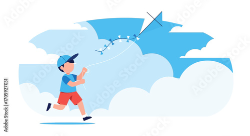 Joyful Little Boy Playing And Running With His Kite Under Colorful Skies Illustration