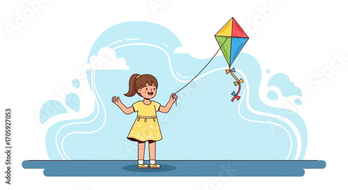 Joyful Little Girl Flying Colorful Kite on a Sunny Day, Happiness Concept, Delight