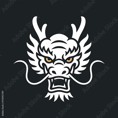 Vector art of majestic white dragon head with piercing amber eyes, intricate details, and flowing whiskers, set against a dark background, evoking power and mystique