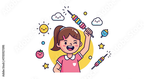 Joyful Little Girl Holding Festive Treats Celebrating Summer, Cartoon Illustration