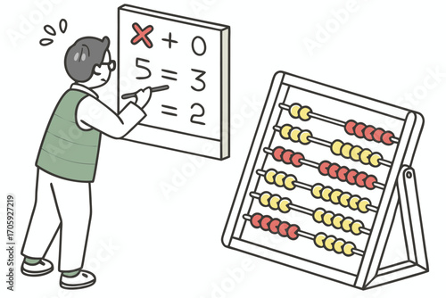 Young math teacher using board and abacus shows wrong math equations with confusion