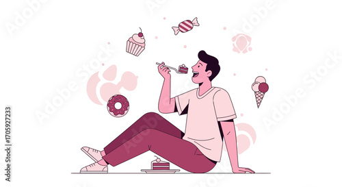 Joyful Man Relishing Sweet Treats: An Illustration of Dessert Indulgence Happiness