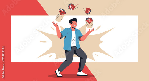 Joyful Man Skillfully Juggling Delicious Wraps, A Playful and Appetizing Scene.