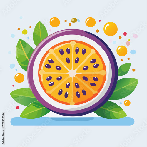 Ripe Passion Fruit Half with Seeds and Green Leaves on Light Blue Surface