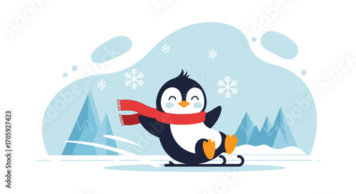 Joyful Penguin Delightfully Tobogganing Downward on a Snowy Winter Day