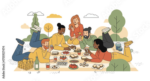 Joyful People Enjoying Delicious Food And Refreshments During A Pleasant Picnic Outdoors
