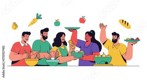 Joyful People Preparing Delicious And Fresh Food For Special Dinner Together