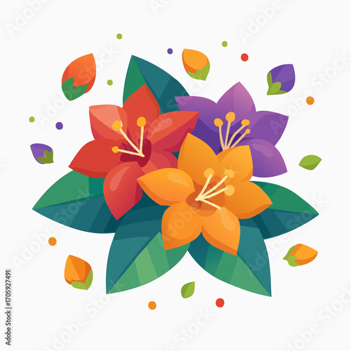 Vibrant Low Poly Tropical Flowers with Green Leaves on White Background