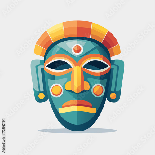Pixel Art Tribal Mask With Orange Teal And Yellow Details