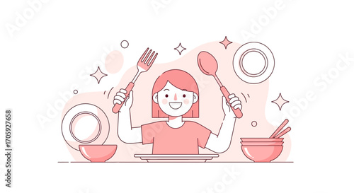 Joyful Person Holding Cutlery, Washing Dishes, Home Kitchen Cleanliness Concept Art Illustration