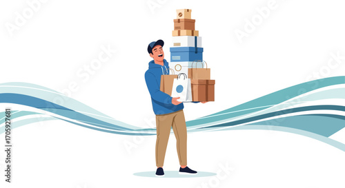 Joyful Person Loaded With Shopping Boxes and Bags, a depiction of consumerism bliss.