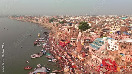 Varanasi, India: Aerial view of famous Dashashwamedh Ghat in ancient holy city on Ganges river - landscape panorama of Southeast Asia from above
