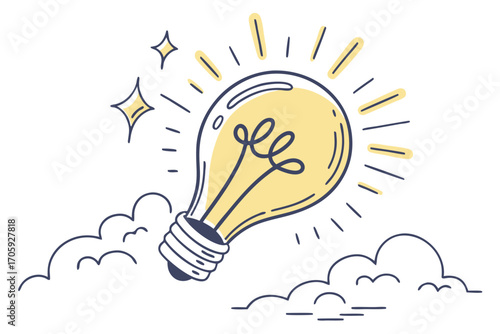 Yellow lightbulb is radiating with stars and placed atop clouds, signifying inspiration