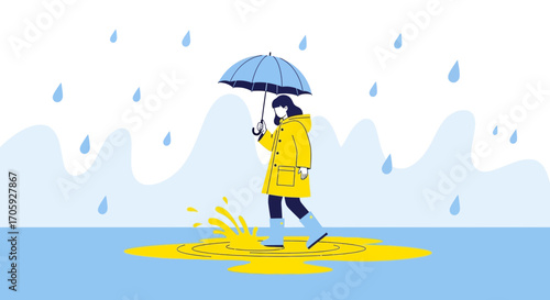 Joyful Person Walking Through Puddle With Umbrella Under Rain, Illustration in Minimalist Style