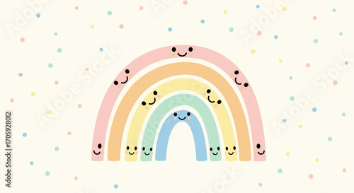 Joyful Rainbow With Smiling Faces And Colorful Polka Dots On A Light Background